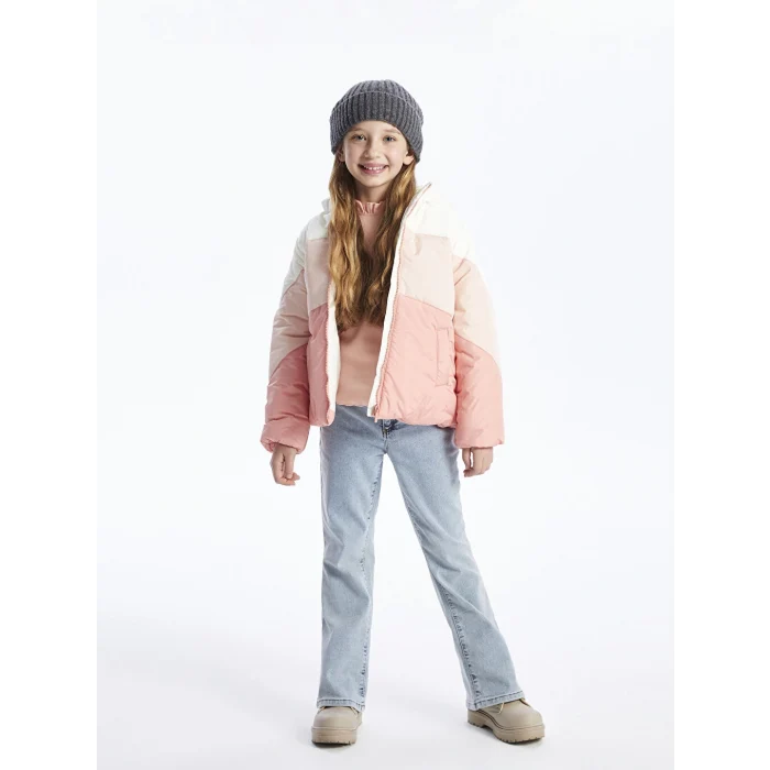 LCW Kids Mercan Kapüşonlu Renk Bloklu Kız Çocuk Şişme Mont