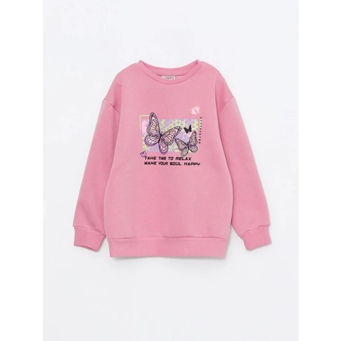 LCW Kids Pembe Bisiklet Yaka Baskılı Uzun Kollu Kız Çocuk Sweatshirt ve Tayt
