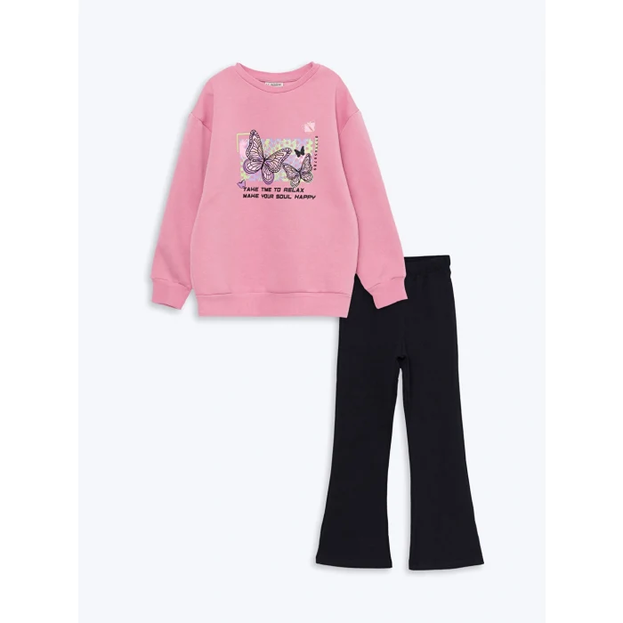 LCW Kids Pembe Bisiklet Yaka Baskılı Uzun Kollu Kız Çocuk Sweatshirt ve Tayt