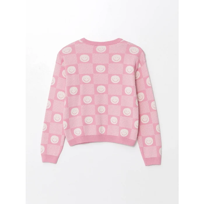 LCW Kids Pembe Bisiklet Yaka Desenli Uzun Kollu Kız Çocuk Triko Kazak