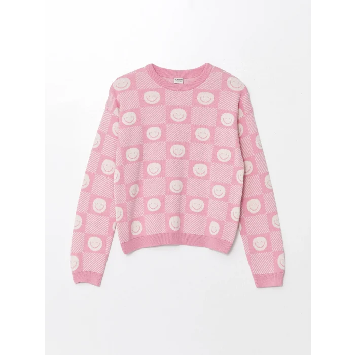 LCW Kids Pembe Bisiklet Yaka Desenli Uzun Kollu Kız Çocuk Triko Kazak