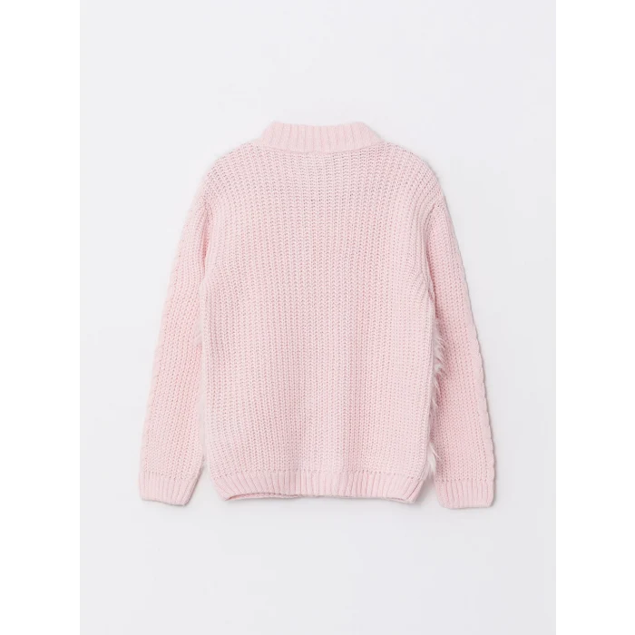 LCW Kids Pembe Bisiklet Yaka Pelüş Detaylı Uzun Kollu Kız Çocuk Triko Hırka