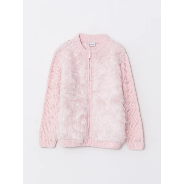 LCW Kids Pembe Bisiklet Yaka Pelüş Detaylı Uzun Kollu Kız Çocuk Triko Hırka