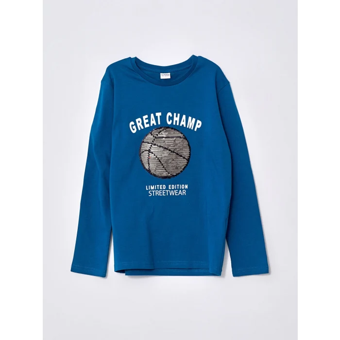 LCW Kids Petrol Bisiklet Yaka Baskılı Çift Yönlü Payetli Uzun Kollu Pamuklu Erkek Çocuk Tişört