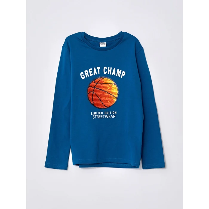 LCW Kids Petrol Bisiklet Yaka Baskılı Çift Yönlü Payetli Uzun Kollu Pamuklu Erkek Çocuk Tişört