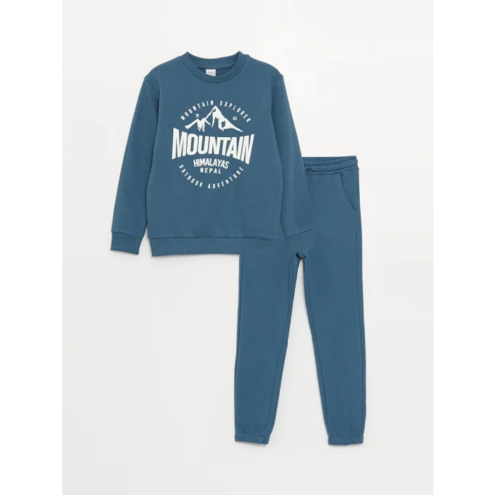 LCW Kids Petrol Bisiklet Yaka Baskılı Uzun Kollu Erkek Çocuk Sweatshirt ve Eşofman Altı