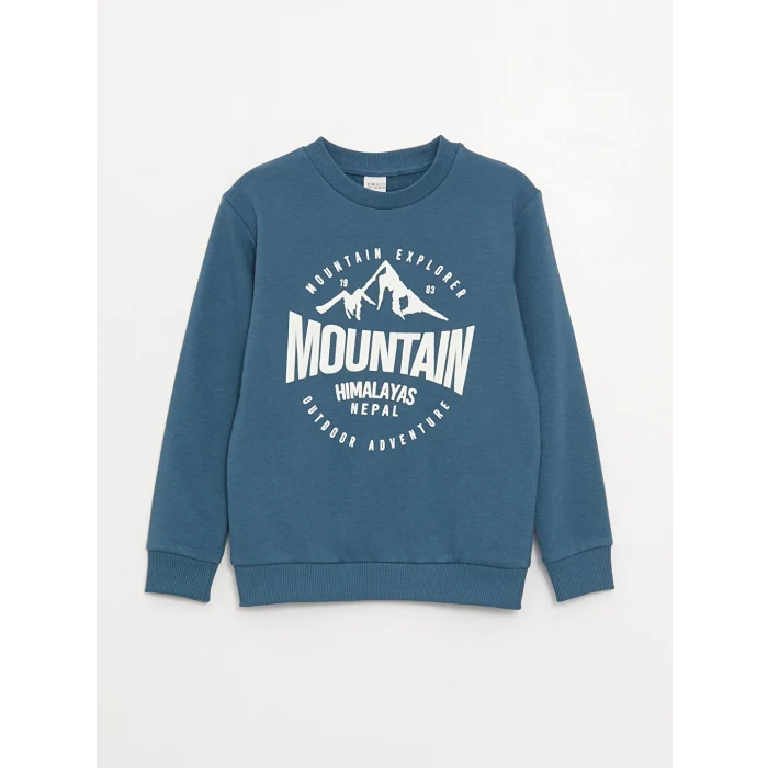 LCW Kids Petrol Bisiklet Yaka Baskılı Uzun Kollu Erkek Çocuk Sweatshirt ve Eşofman Altı