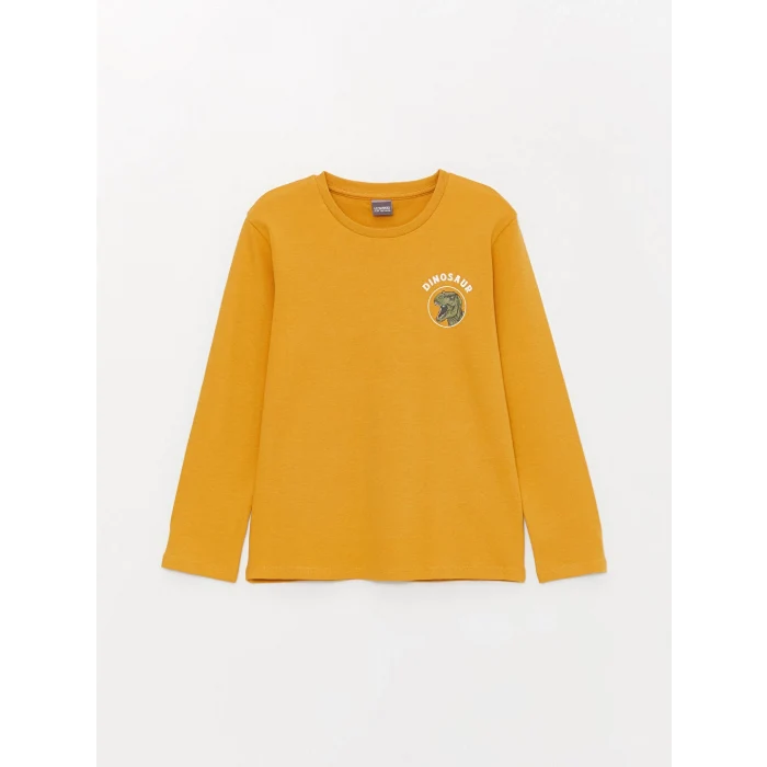 LCW Kids Sarı Bisiklet Yaka Baskılı Uzun Kollu Erkek Çocuk Tişört