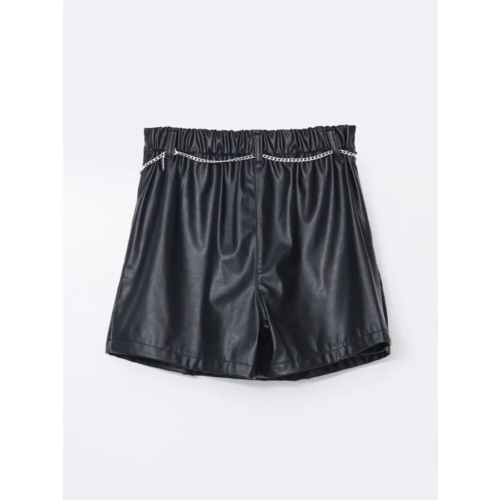 LCW Kids Siyah Beli Lastikli Deri Görünümlü Kız Çocuk Şort Etek