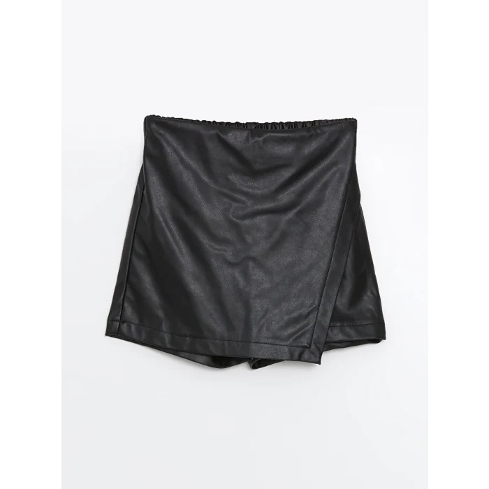 LCW Kids Siyah Beli Lastikli Deri Görünümlü Kız Çocuk Şort Etek