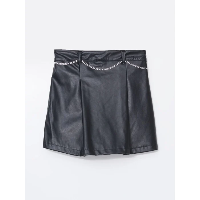 LCW Kids Siyah Beli Lastikli Deri Görünümlü Kız Çocuk Şort Etek