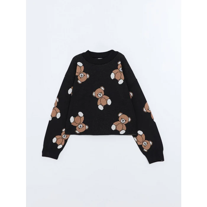 LCW Kids Siyah Bisiklet Yaka Ayı Teddy Desenli Kız Çocuk Triko Kazak