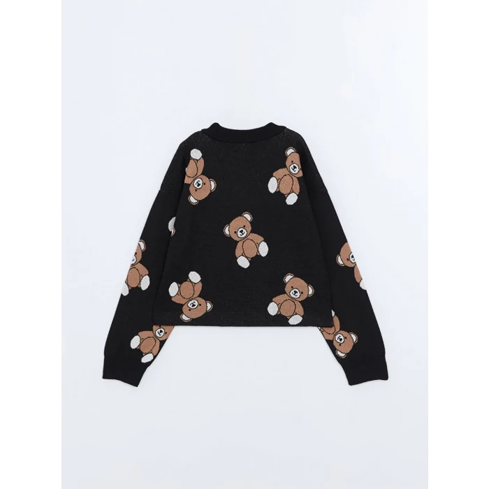 LCW Kids Siyah Bisiklet Yaka Ayı Teddy Desenli Kız Çocuk Triko Kazak
