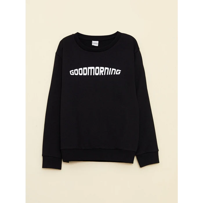 LCW Kids Siyah Bisiklet Yaka Baskılı Uzun Kollu Erkek Çocuk Sweatshirt