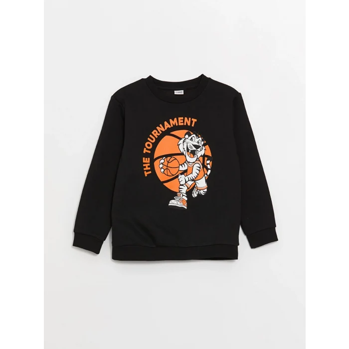 LCW Kids Siyah Bisiklet Yaka Baskılı Uzun Kollu Erkek Çocuk Sweatshirt
