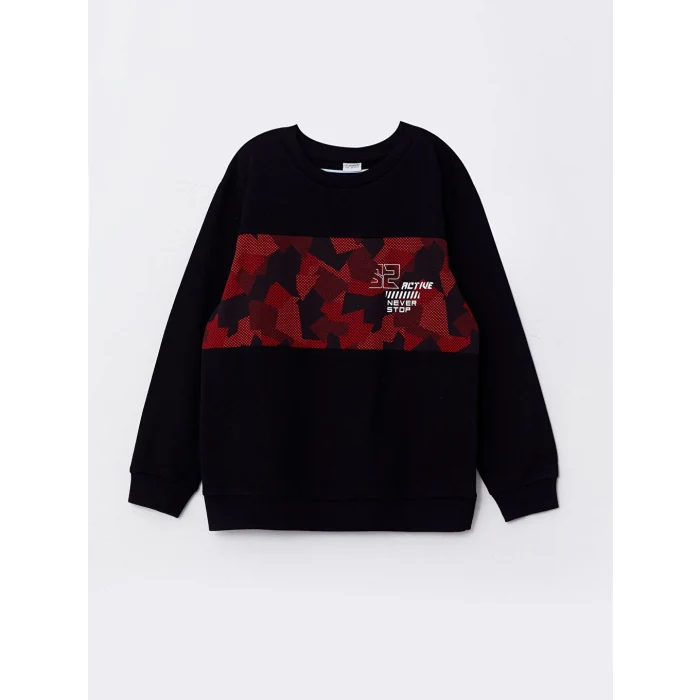 LCW Kids Siyah Bisiklet Yaka Baskılı Uzun Kollu Erkek Çocuk Sweatshirt