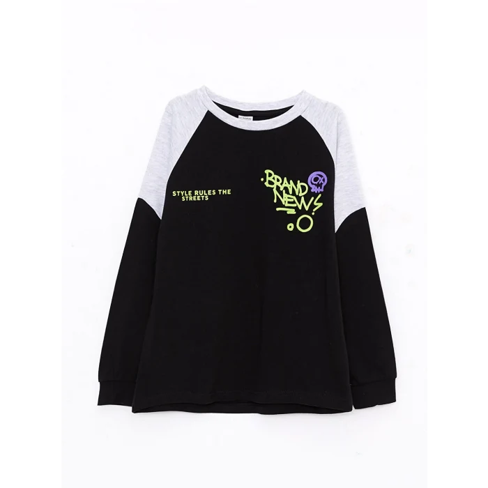 LCW Kids Siyah Bisiklet Yaka Baskılı Uzun Kollu Erkek Çocuk Tişört