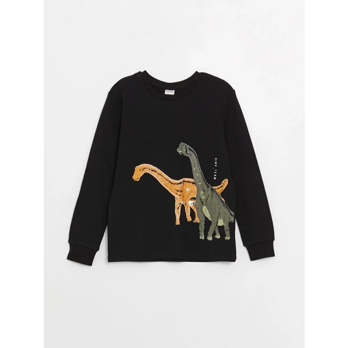 LCW Kids Siyah Bisiklet Yaka Baskılı Uzun Kollu Erkek Çocuk Tişört