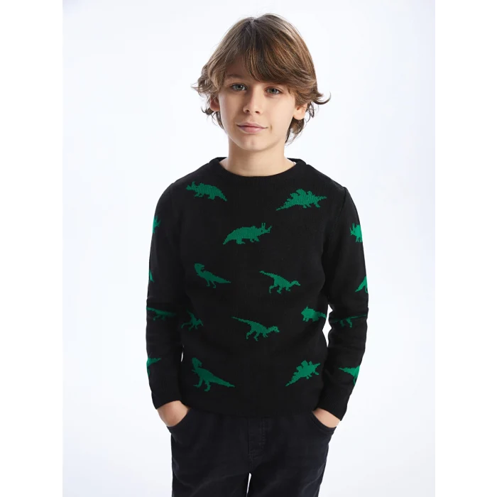 LCW Kids Siyah Bisiklet Yaka Desenli Uzun Kollu Erkek Çocuk Triko Kazak