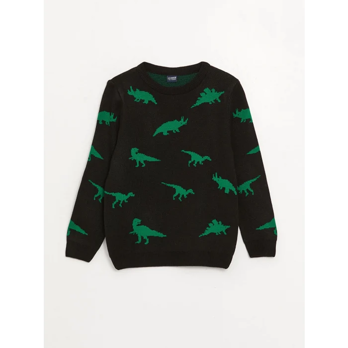 LCW Kids Siyah Bisiklet Yaka Desenli Uzun Kollu Erkek Çocuk Triko Kazak