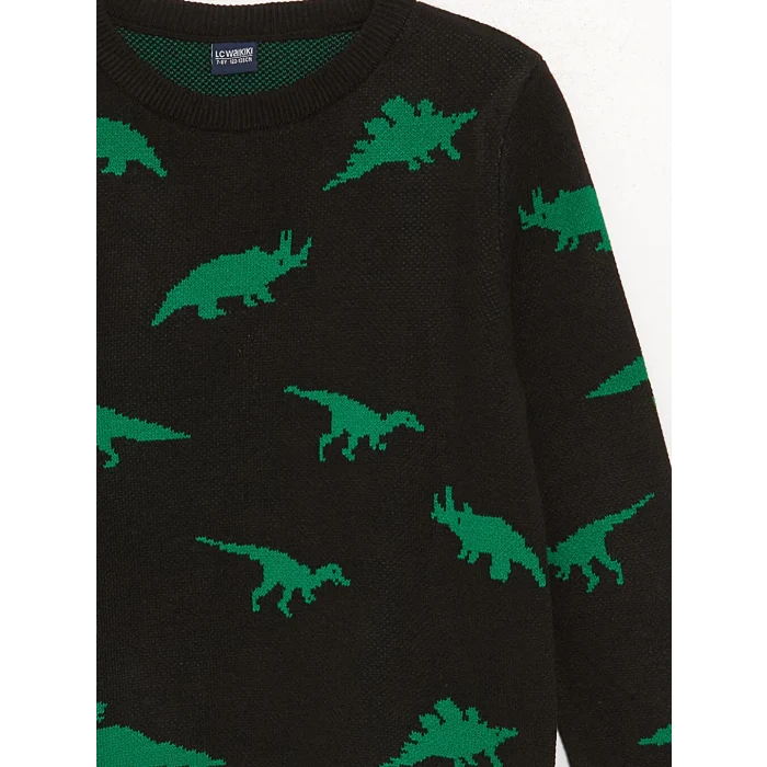 LCW Kids Siyah Bisiklet Yaka Desenli Uzun Kollu Erkek Çocuk Triko Kazak