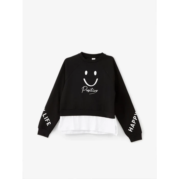 LCW Kids Siyah Bisiklet Yaka Kız Çocuk Kalın Sweatshirt