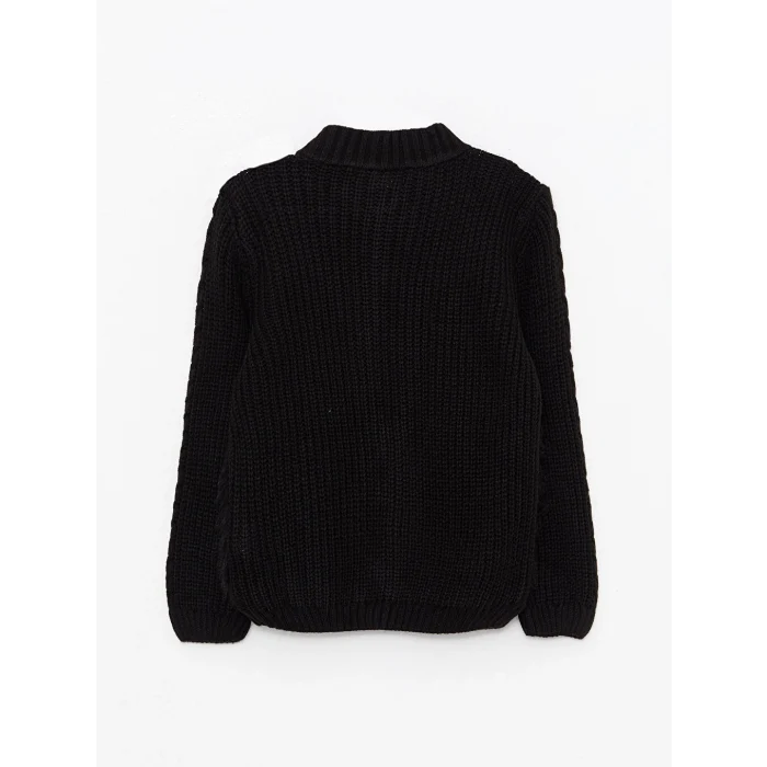 LCW Kids Siyah Bisiklet Yaka Pelüş Detaylı Uzun Kollu Kız Çocuk Triko Hırka