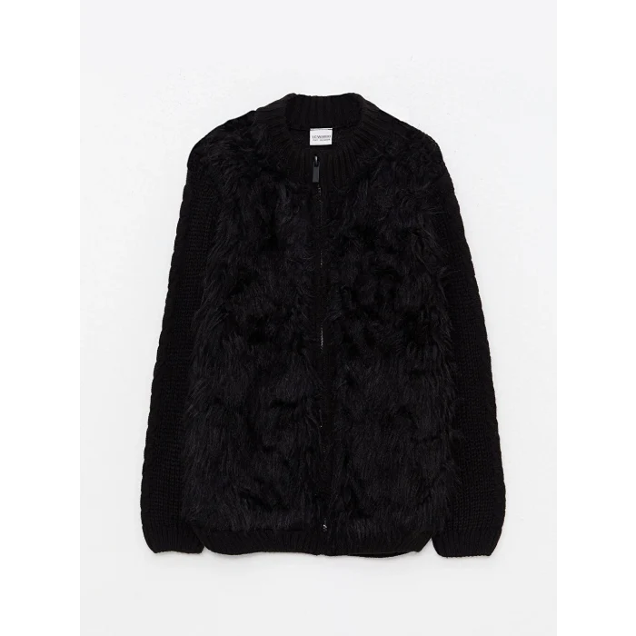 LCW Kids Siyah Bisiklet Yaka Pelüş Detaylı Uzun Kollu Kız Çocuk Triko Hırka