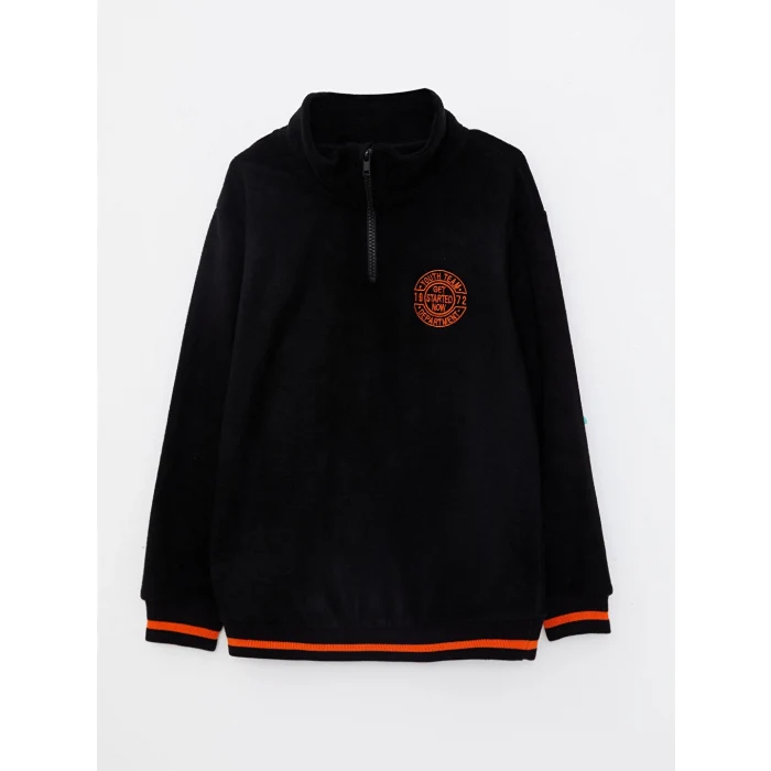 LCW Kids Siyah Dik Yaka Nakışlı Uzun Kollu Polar Erkek Çocuk Sweatshirt