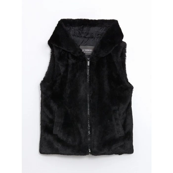 LCW Kids Siyah Kapüşonlu Kız Çocuk Suni Kürk Yelek