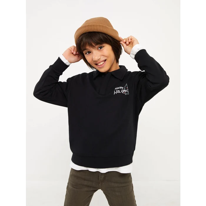 LCW Kids Siyah Polo Yaka Baskılı Uzun Kollu Erkek Çocuk Sweatshirt