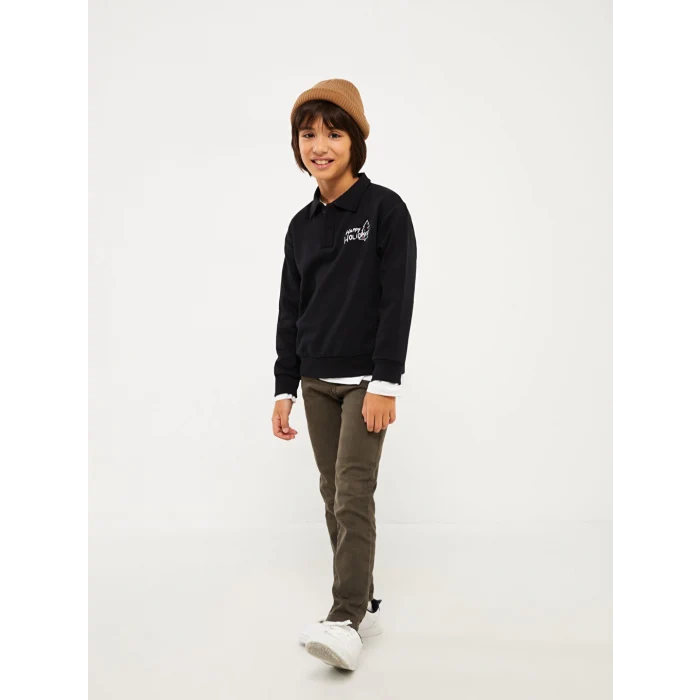 LCW Kids Siyah Polo Yaka Baskılı Uzun Kollu Erkek Çocuk Sweatshirt