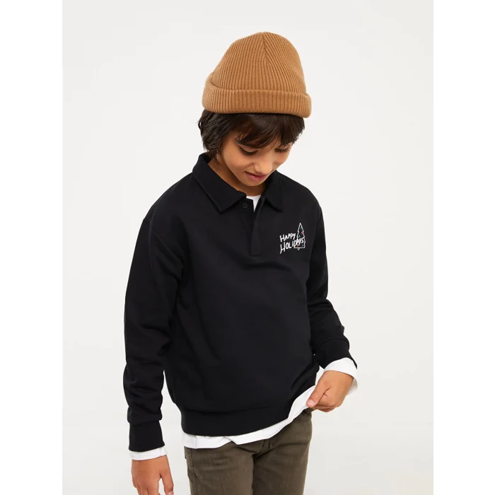LCW Kids Siyah Polo Yaka Baskılı Uzun Kollu Erkek Çocuk Sweatshirt