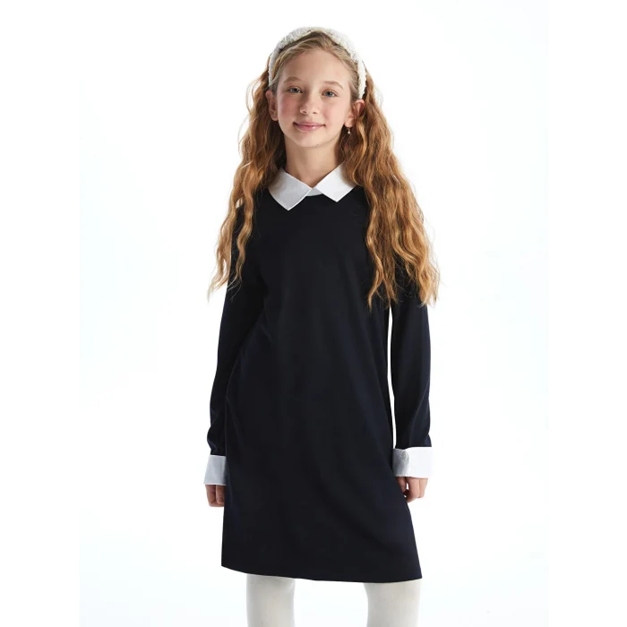 LCW Kids Siyah Polo Yaka Kız Çocuk Elbise