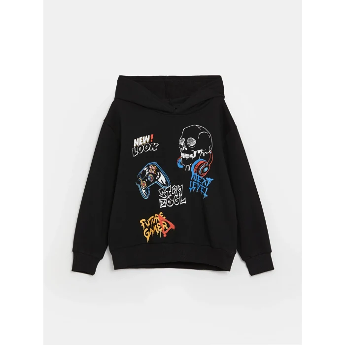 LCW Kids Siyah Rahat Kalıp Baskılı Erkek Çocuk Hoodie