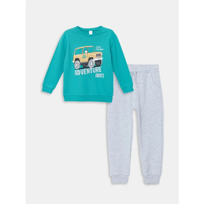 LCW Kids Turkuaz Bisiklet Uzun Kollu Baskılı Erkek Bebek Sweatshirt ve Eşofman Alt 2li Takım