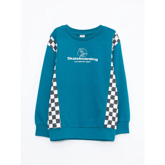 LCW Kids Turkuaz Bisiklet Yaka Baskılı Uzun Kollu Erkek Çocuk Sweatshirt