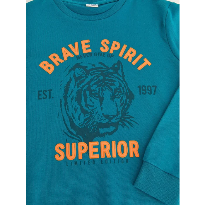 LCW Kids Turkuaz Bisiklet Yaka Baskılı Uzun Kollu Erkek Çocuk Tişört