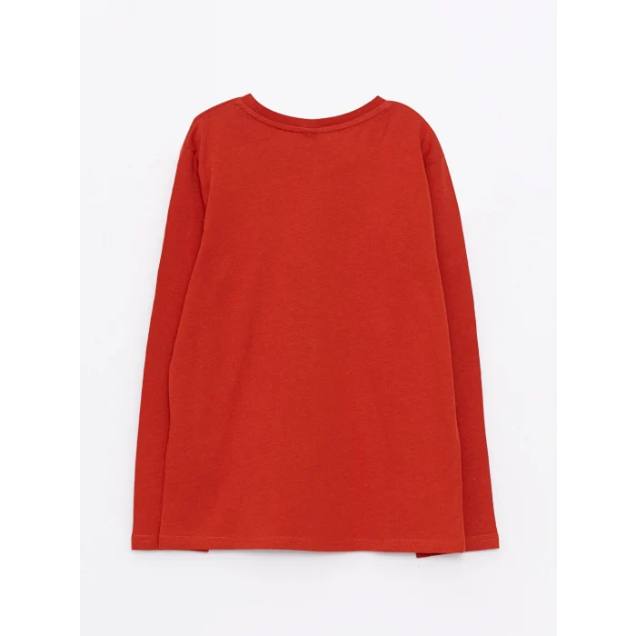 LCW Kids Turuncu Bisiklet Yaka Baskılı Pul İşlemeli Uzun Kollu Pamuklu Erkek Çocuk Tişört