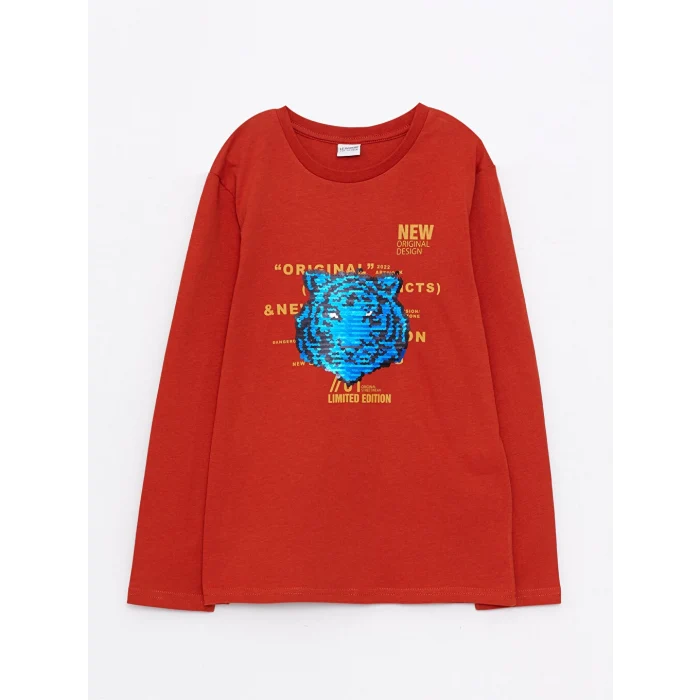 LCW Kids Turuncu Bisiklet Yaka Baskılı Pul İşlemeli Uzun Kollu Pamuklu Erkek Çocuk Tişört