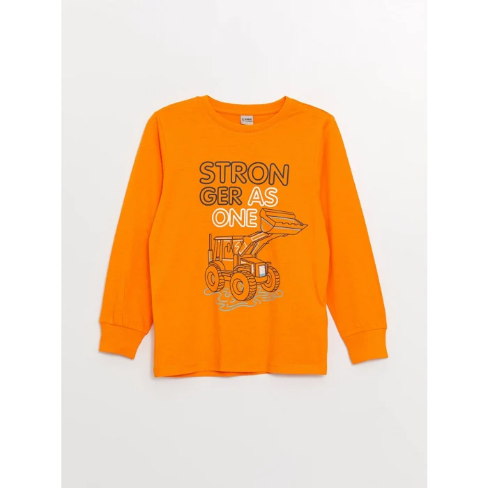 LCW Kids Turuncu Bisiklet Yaka Baskılı Uzun Kollu Erkek Çocuk Pijama Takımı