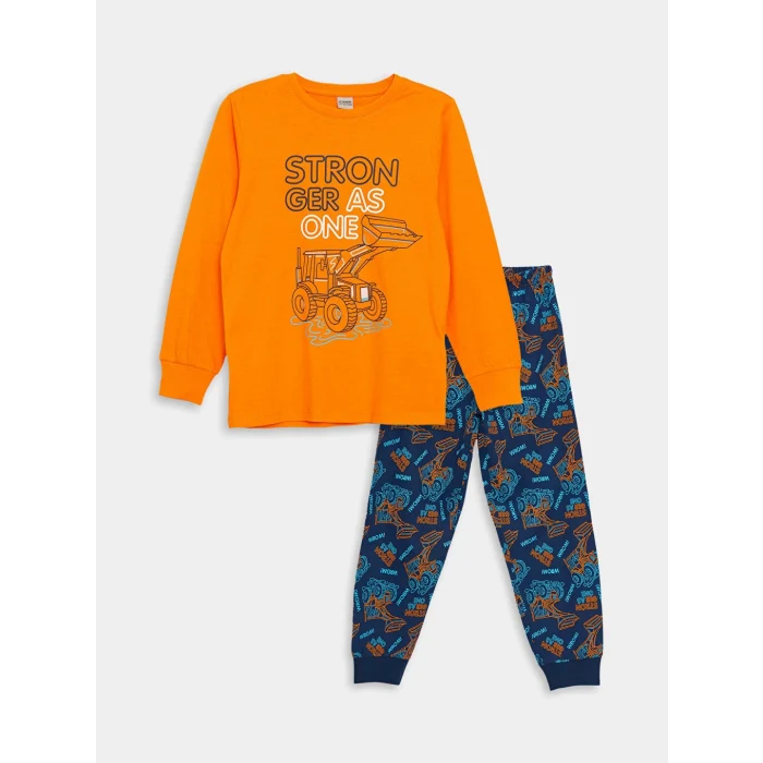 LCW Kids Turuncu Bisiklet Yaka Baskılı Uzun Kollu Erkek Çocuk Pijama Takımı