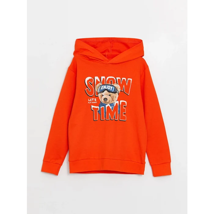 LCW Kids Turuncu Kapüşonlu Ayı Teddy Baskılı Erkek Çocuk Sweatshirt