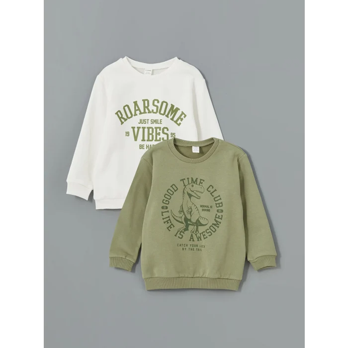 LCW Kids Yeşil Bisiklet Yaka Baskılı Erkek Çocuk Sweatshirt 2li