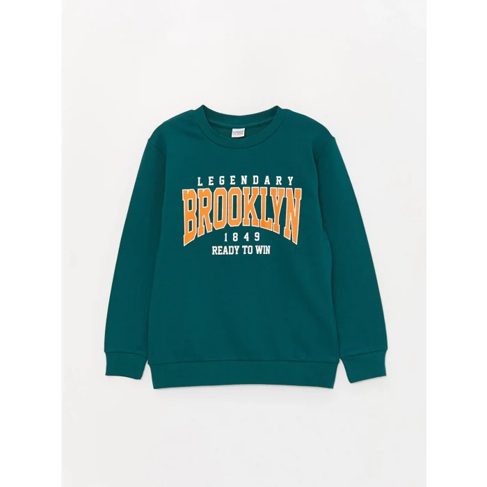 LCW Kids Yeşil Bisiklet Yaka Baskılı Uzun Kollu Erkek Çocuk Sweatshirt