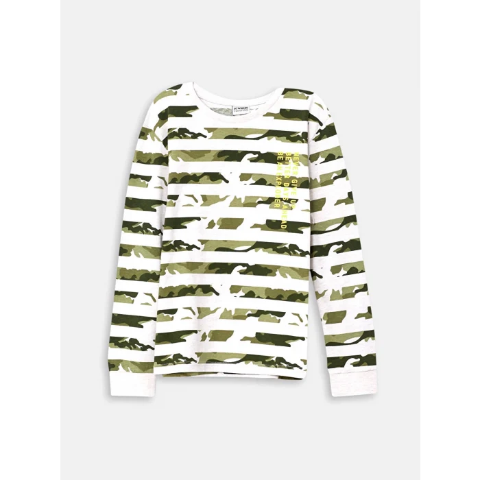 LCW Kids Yeşil Bisiklet Yaka Baskılı Uzun Kollu Erkek Çocuk Tişört