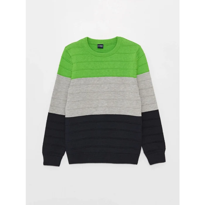 LCW Kids Yeşil Bisiklet Yaka Renk Bloklu Uzun Kollu Erkek Çocuk Triko Kazak