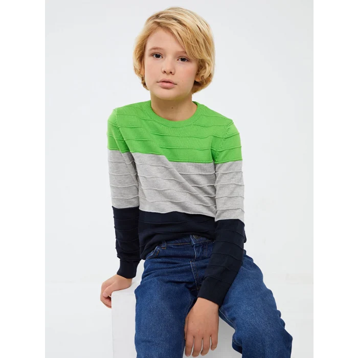 LCW Kids Yeşil Bisiklet Yaka Renk Bloklu Uzun Kollu Erkek Çocuk Triko Kazak