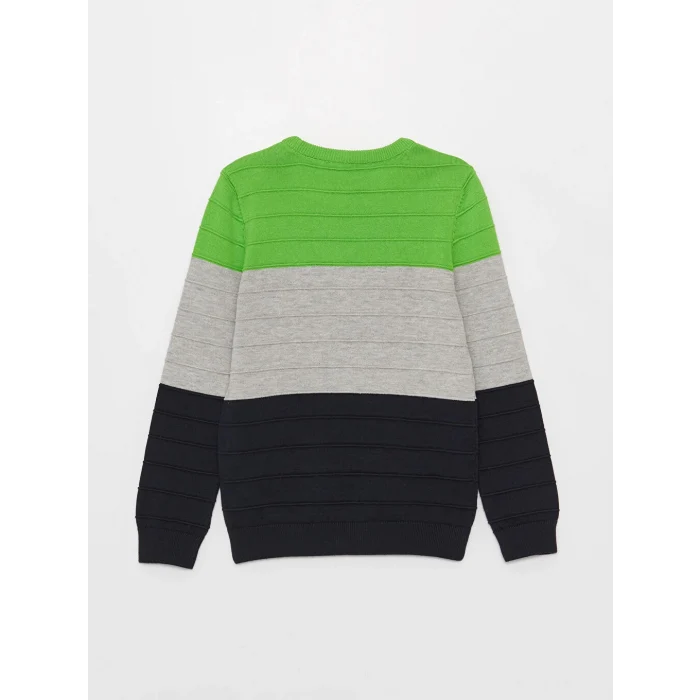 LCW Kids Yeşil Bisiklet Yaka Renk Bloklu Uzun Kollu Erkek Çocuk Triko Kazak
