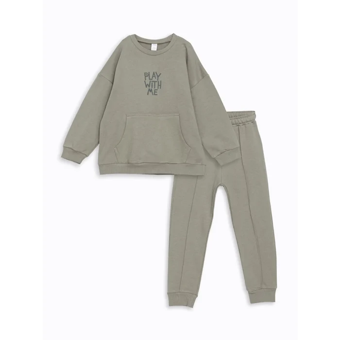 LCW Kids Yeşil Bisiklet Yaka Uzun Kollu Baskılı Erkek Bebek Sweatshirt ve Eşofman Alt 2li